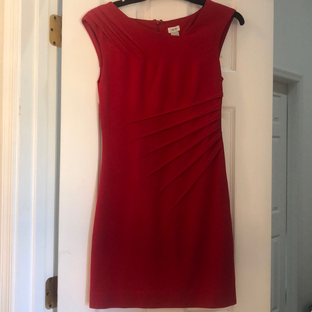 Red Cache dress with asymmetrical neckline